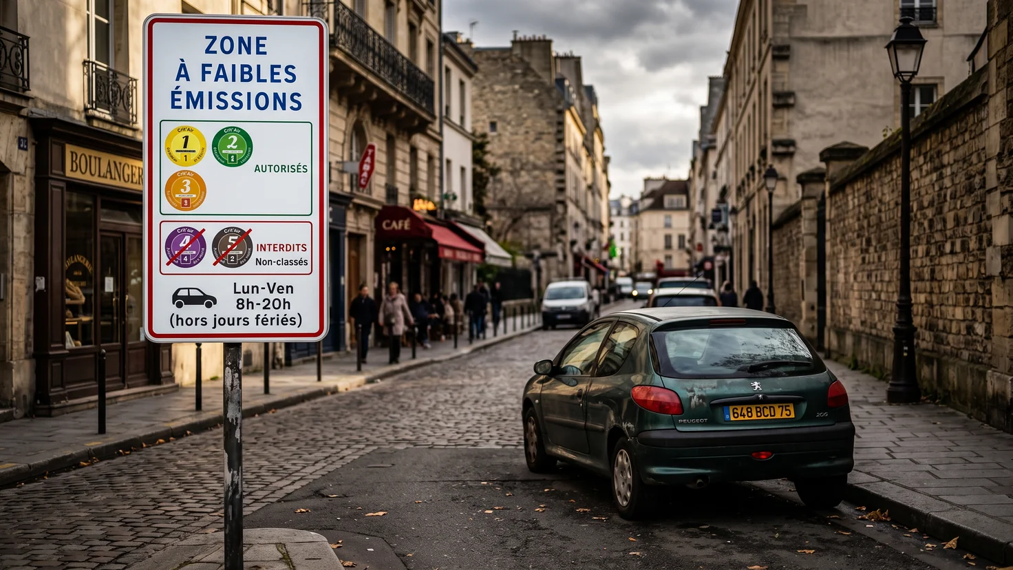 Voitures interdites en 2026 : vieux diesel et essence anciens garés devant un panneau de zone à faibles émissions en centre-ville, illustration des restrictions de circulation ZFE