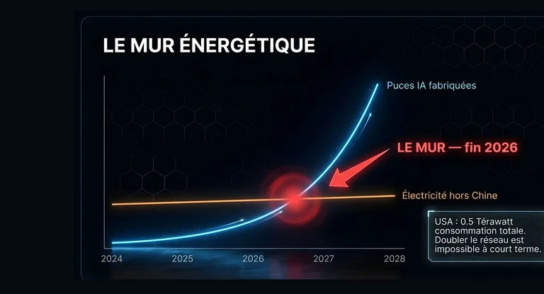 Graphique mur énergétique IA : courbe production puces vs électricité croisement fin 2026